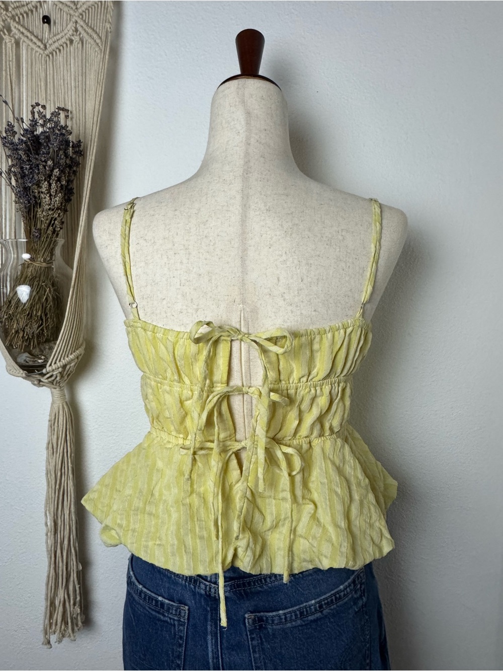 Yellow Ruched Tie-Back Peplum Cami Top